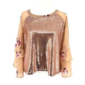 Gorgeous Free People Shimmy & Shake Sleeve Sequined Blouse Flirty Peach Sz M EUC